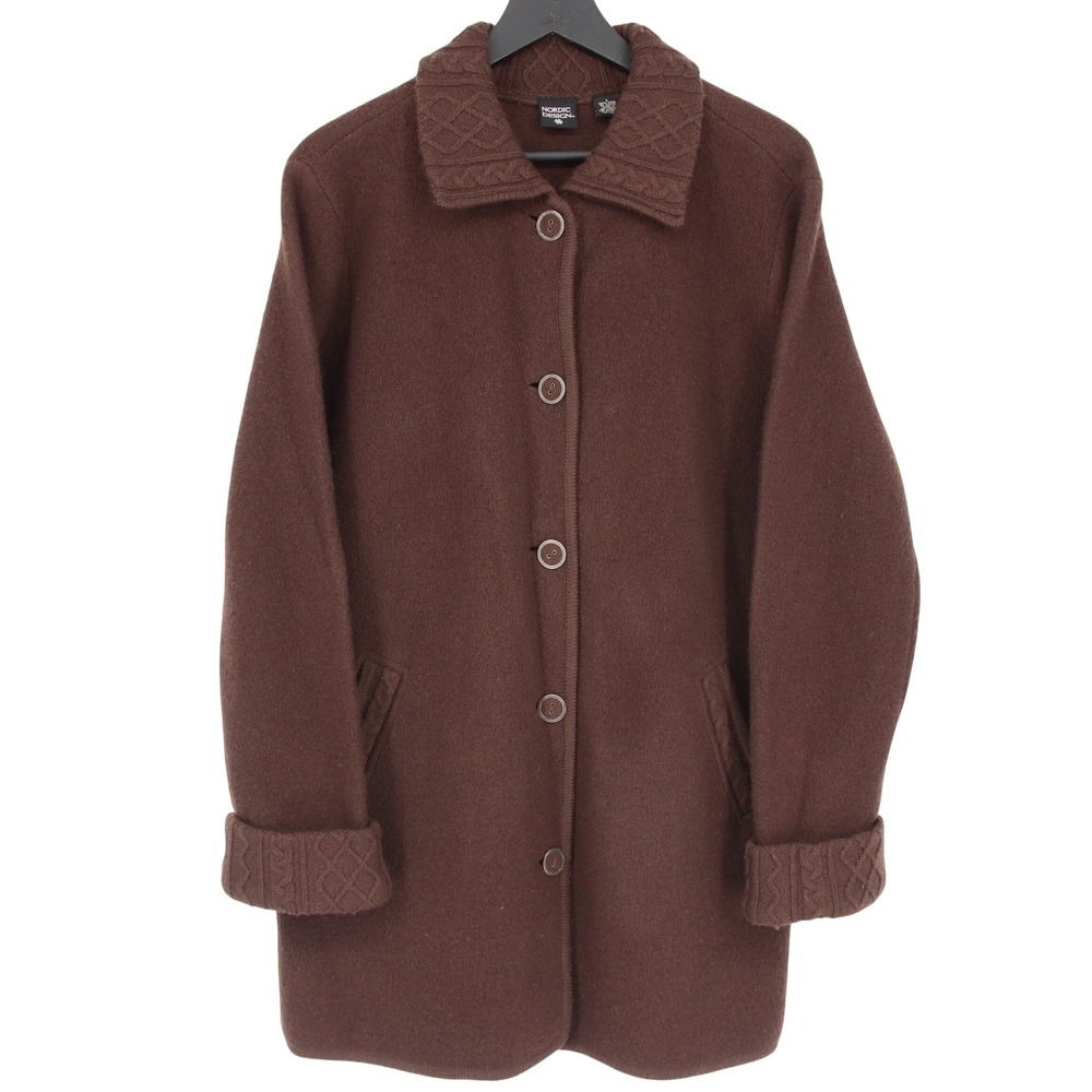 Nordic Design Women's Boiled Wool Long Coat Size L Brown Button Front Jacket